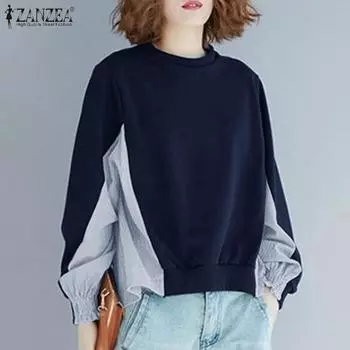 ZANZEA Женские повседневные трикотажные футболки с круглым вырезом и длинным рукавом в контрастную полоску M зелёный