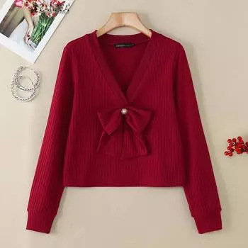 ZANZEA Женские повседневные трикотажные футболки с V-образным вырезом и длинным рукавом S чёрный