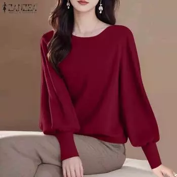 ZANZEA Женские повседневные трикотажные футболки с вырезом-лодочкой и длинным рукавом-фонариком 4XL хаки