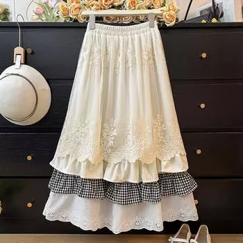 ZANZEA Женские повседневные юбки А-силуэта с кружевной вставкой и свободным клетчатым принтом S абрикосовый