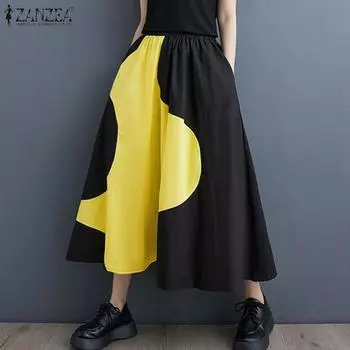 ZANZEA Женские повседневные юбки А-силуэта с эластичным поясом и свободным принтом S синий