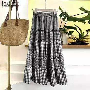 ZANZEA Женские повседневные юбки А-силуэта с эластичным поясом и контрастной клетчатой отделкой L красный