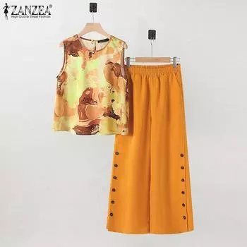 ZANZEA Женские принтованные майки и брюки, летние комплекты из двух частей
