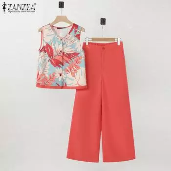 ZANZEA Женские принтованные майки и брюки, летние комплекты из двух частей 3XL