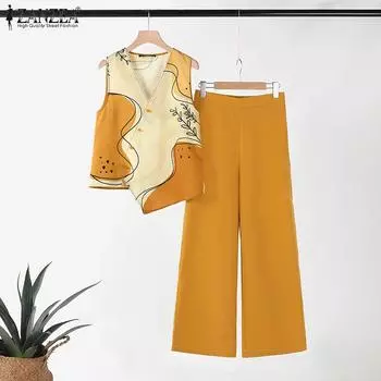 ZANZEA Женские принтованные майки и брюки Летние комплекты из двух частей 4XL зелёный