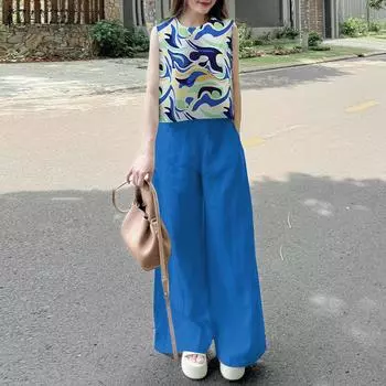 ZANZEA Женские принтованные майки и брюки, летние комплекты из двух частей M фиолетовый