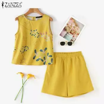 ZANZEA Женские принтованные майки и шорты Летние комплекты из двух частей 4XL белый