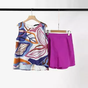 ZANZEA Женские принтованные майки и шорты Летние комплекты из двух частей 4XL хаки