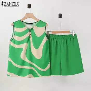 ZANZEA Женские принтованные майки и шорты Летние комплекты из двух частей S чёрный