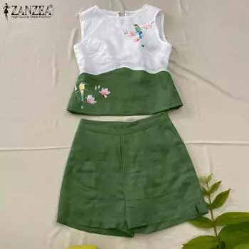 ZANZEA Женские принтованные майки и шорты Летние комплекты из двух частей 3XL жёлтый