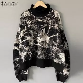 ZANZEA Женские принты Повседневные свитера с длинным рукавом и высоким воротом S чёрный