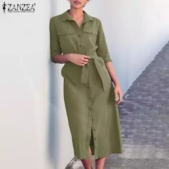 ZANZEA Женские прямые однотонные свободные платья с воротником-рубашкой, рукавом 1/2 и карманом на пуговицах