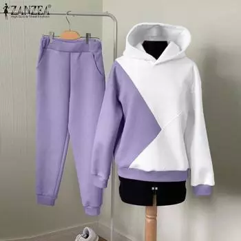 ZANZEA Женские пуловеры с капюшоном и штаны Повседневные комплекты из двух предметов S фиолетовый