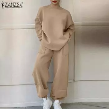 ZANZEA Женские пуловеры, топы и брюки, повседневные спортивные костюмы из двух частей S чёрный