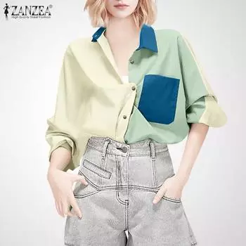 ZANZEA Женские рубашки с цветными блоками и воротником-стойкой в винтажном стиле с длинным рукавом S бежевый