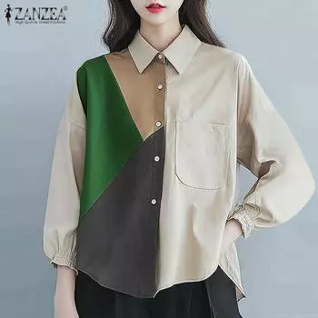 ZANZEA Женские рубашки с длинным рукавом и карманами в цветных блоках L оранжевый
