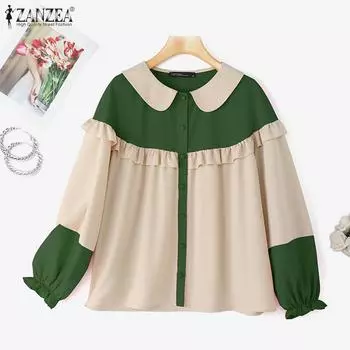 ZANZEA Женские рубашки с длинным рукавом и контрастным принтом на осень M зелёный