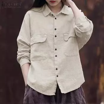 ZANZEA Женские рубашки с длинным рукавом и карманами на лацканах на осень S бежевый