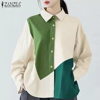 ZANZEA Женские рубашки с длинным рукавом в стиле пэчворк с нерегулярным контрастным рисунком S зелёный
