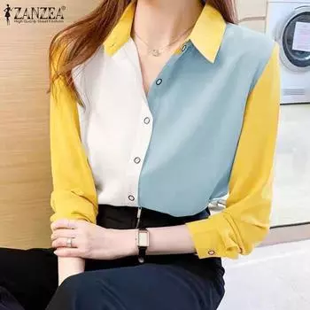 ZANZEA Женские рубашки с длинным рукавом в стиле колор-блок на осень S зелёный