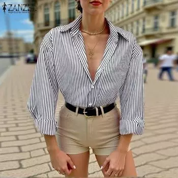 ZANZEA Женские рубашки с винтажным воротником и длинным рукавом в полоску с карманом S белый