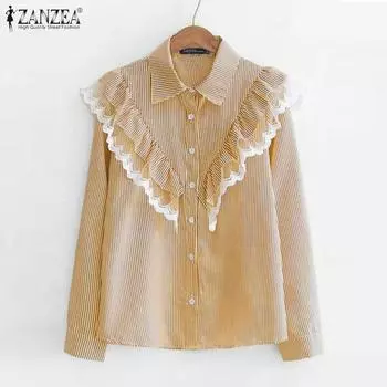 ZANZEA Женские рубашки с воротником-стойкой и длинным рукавом в стиле ретро с контрастными полосками и оборками 3XL жёлтый