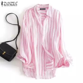 ZANZEA Женские рубашки в полоску с воротником-стойкой и длинным рукавом в винтажном стиле S розовый