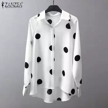 ZANZEA Женские рубашки в стиле хиппи с принтом в горошек и длинными рукавами, офисные мешковатые топы с воротником