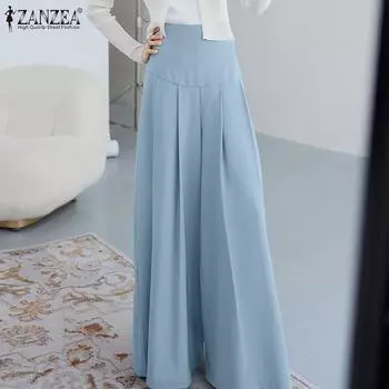 ZANZEA Женские свободные однотонные широкие брюки с высокой талией и застежкой-молнией S синий