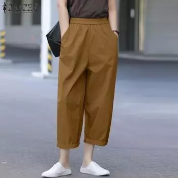 ZANZEA Женские свободные однотонные широкие укороченные брюки с эластичными карманами на талии 4XL чёрный