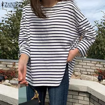 ZANZEA Женские свободные повседневные блузки в полоску с длинным рукавом и круглым вырезом Топы XL