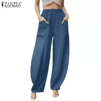 ZANZEA женские свободные повседневные брюки-шаровары в стиле ретро с эластичной резинкой на талии S синий