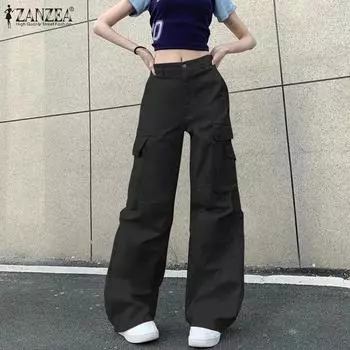 ZANZEA Женские свободные повседневные длинные брюки на молнии с высокой талией
