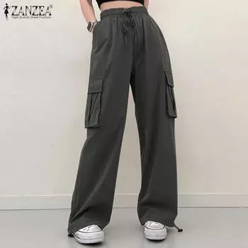 ZANZEA Женские свободные повседневные длинные брюки на шнурке с карманами