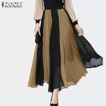 ZANZEA Женские свободные повседневные длинные юбки с эластичной талией в стиле пэчворк S темно-синий