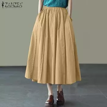 ZANZEA Женские свободные повседневные длинные юбки с эластичной талией S хаки