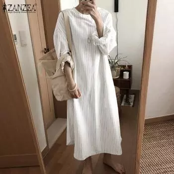 ZANZEA женские свободные повседневные платья с круглым вырезом в полоску и длинными рукавами с открытыми плечами