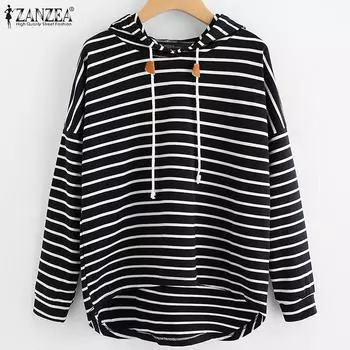 ZANZEA Женские свободные повседневные полосатые толстовки с длинным рукавом, блузка-пуловер L белый