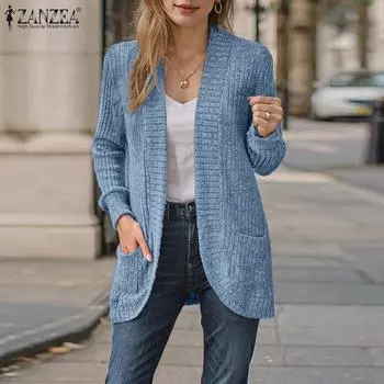 ZANZEA Женские свободные повседневные тонкие кардиганы с длинным рукавом S чёрный