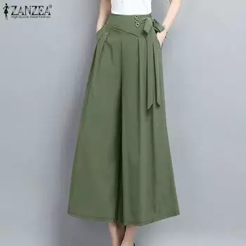 ZANZEA Женские свободные широкие брюки со средней талией на пуговицах и плиссированных ремнях XL серый
