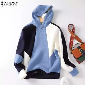 ZANZEA Женские свободные толстовки с длинным рукавом в стиле пэчворк S розовый