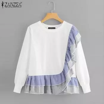 ZANZEA Женские толстовки-пуловеры с круглым вырезом и длинными рукавами в полоску и оборками S коричневый