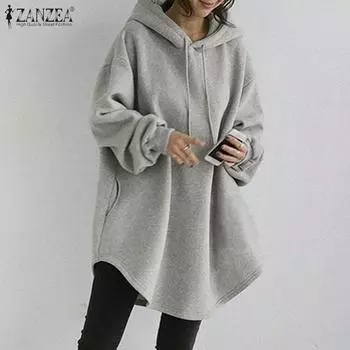 ZANZEA женские толстовки с капюшоном осень зима длинный рукав мешковатый пуловер с капюшоном топы