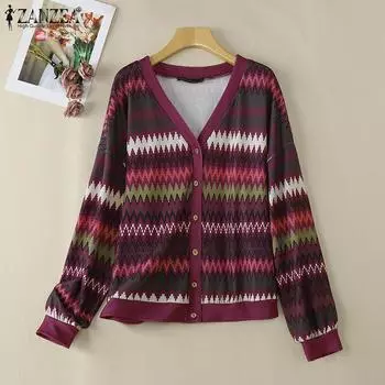 ZANZEA Женские тонкие кардиганы с V-образным вырезом и длинным рукавом в стиле ретро S зелёный