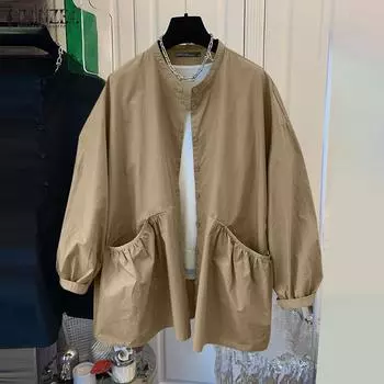 ZANZEA Женские тонкие пальто с круглым вырезом и длинными рукавами и карманами S чёрный