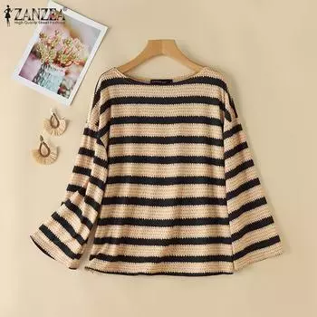 ZANZEA Женские тонкие трикотажные футболки с открытыми плечами и длинными рукавами в полоску S чёрный