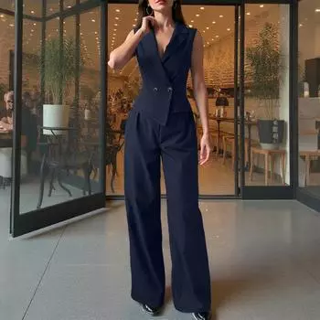 ZANZEA Женские топы без рукавов и брюки Повседневные костюмы-двойки S тёмно-синий