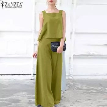 ZANZEA Женские топы и брюки без рукавов, повседневный комплект из двух предметов XL оранжевый