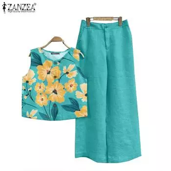 ZANZEA Женские топы и брюки с цветочным принтом, повседневные комплекты из двух предметов 4XL чёрный