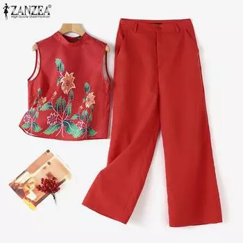 ZANZEA Женские топы и брюки с цветочным принтом, повседневные комплекты из двух предметов 3XL зелёный